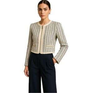Adam Lippes, Cream, Navy and Black Textured Tweed Cropped Blazer, Size 2